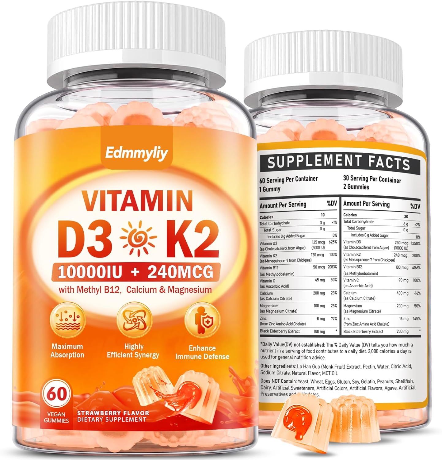 Suplemento de Vitamina D3 10000IU para Adultos - Gominolas de Vitamina D3 5000IU / 10000IU con K2, Metil B12, Calcio, Magnesio, Zinc y Saúco para Mujeres y Hombres - Sin Azúcar, Vegano