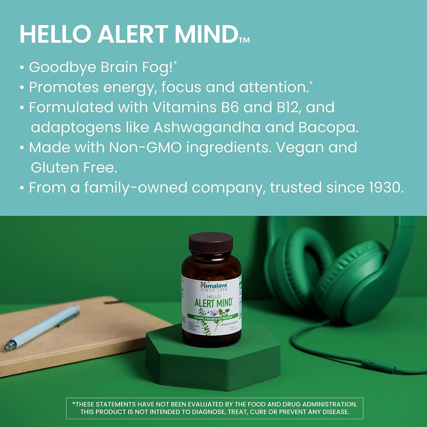 Himalaya Hello Alert Mind - Suplemento para Energía y Enfoque con L-Teanina, Ashwagandha, Bacopa, Vitamina B6 y B12 - 60 Cápsulas Veganas