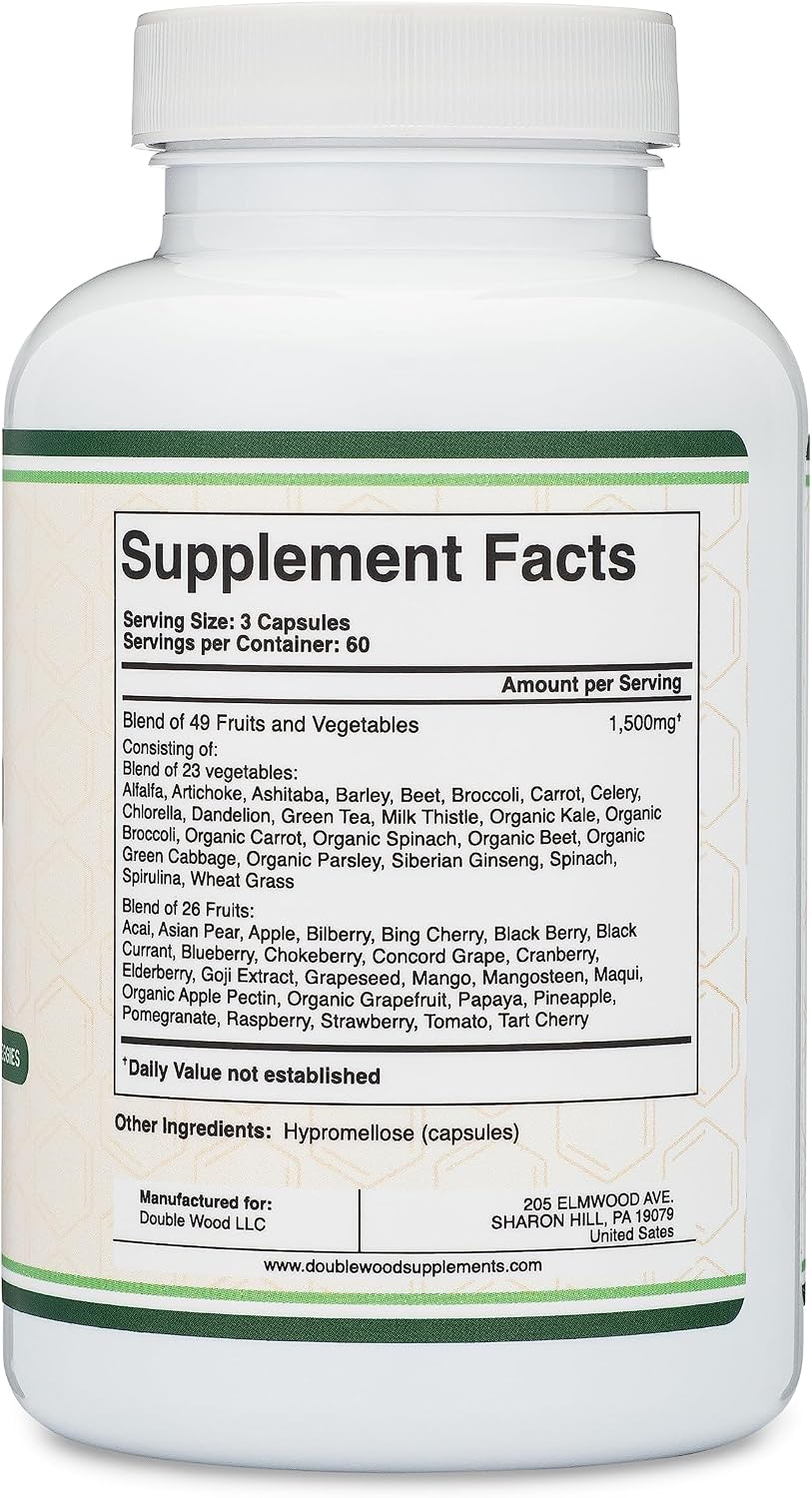 Double Wood Suplemento de Frutas y Verduras - Mezcla de 49 Frutas y Verduras - 1,500 mg por Ración - 180 Cápsulas