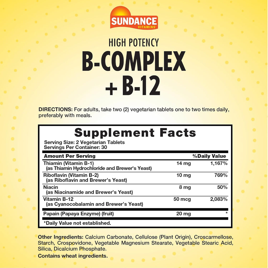 Sundance Vitamina B-Complex | con B-12 | 60 comprimidos | Alta potencia | Suplemento vegetariano, sin OMG y sin gluten