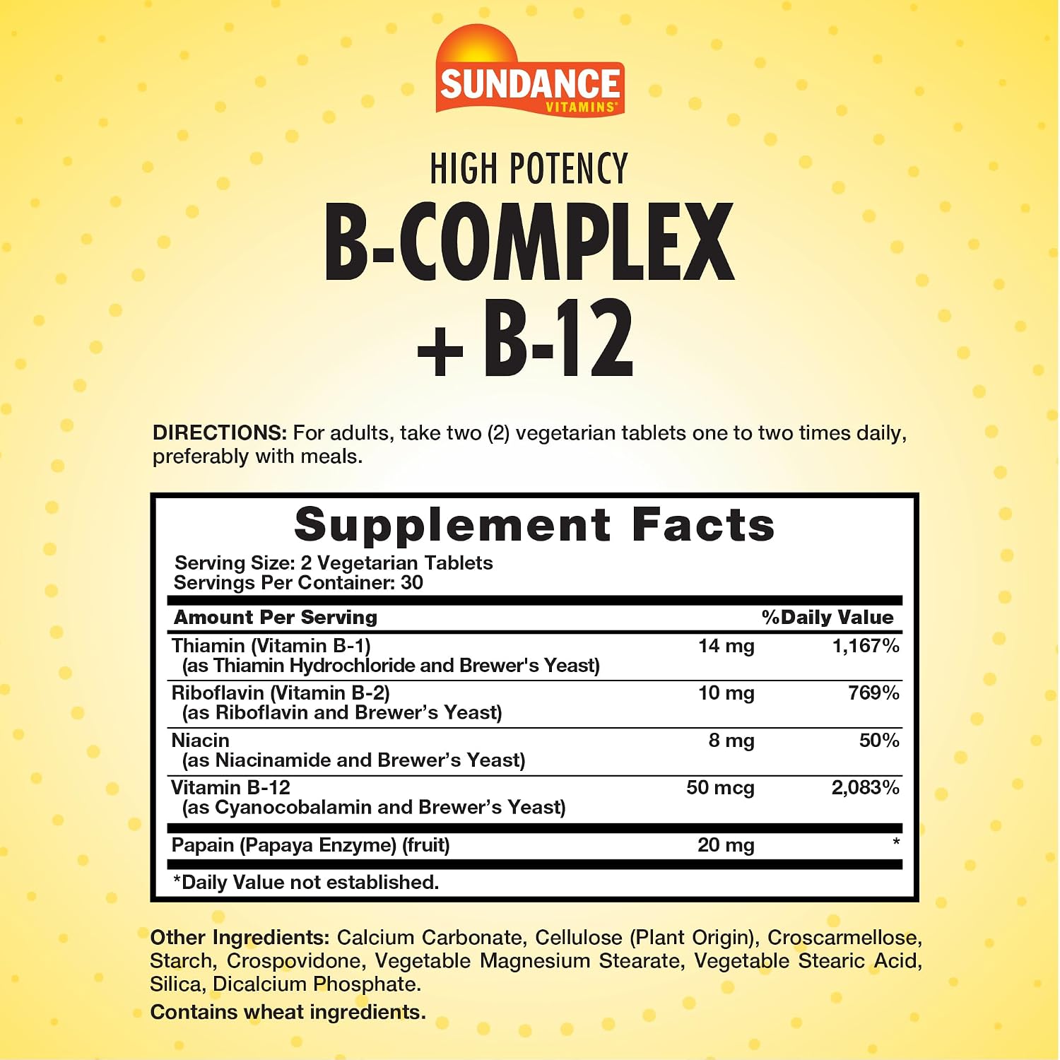 Sundance Vitamina B-Complex | con B-12 | 60 comprimidos | Alta potencia | Suplemento vegetariano, sin OMG y sin gluten