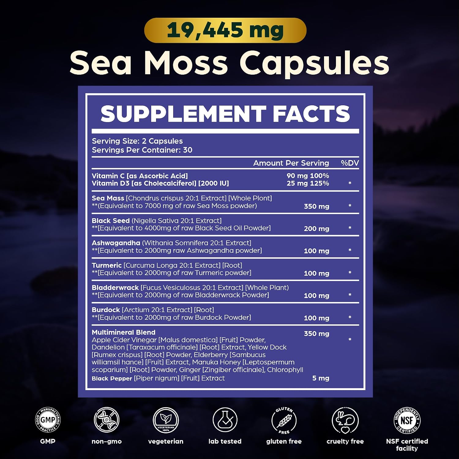 Anuva 16 en 1 Cápsulas de Sea Moss con Aceite de Semilla Negra, Ashwagandha, Vitamina C, D3, Cúrcuma, Bardana y Minerales - 60 Cápsulas Veganas