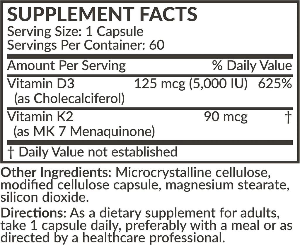 Futurebiotics Vitamina D3 y K2 MK-7 - 5000 UI D3 + 90 mcg K2 MK-7, 60 Cápsulas Vegetarianas