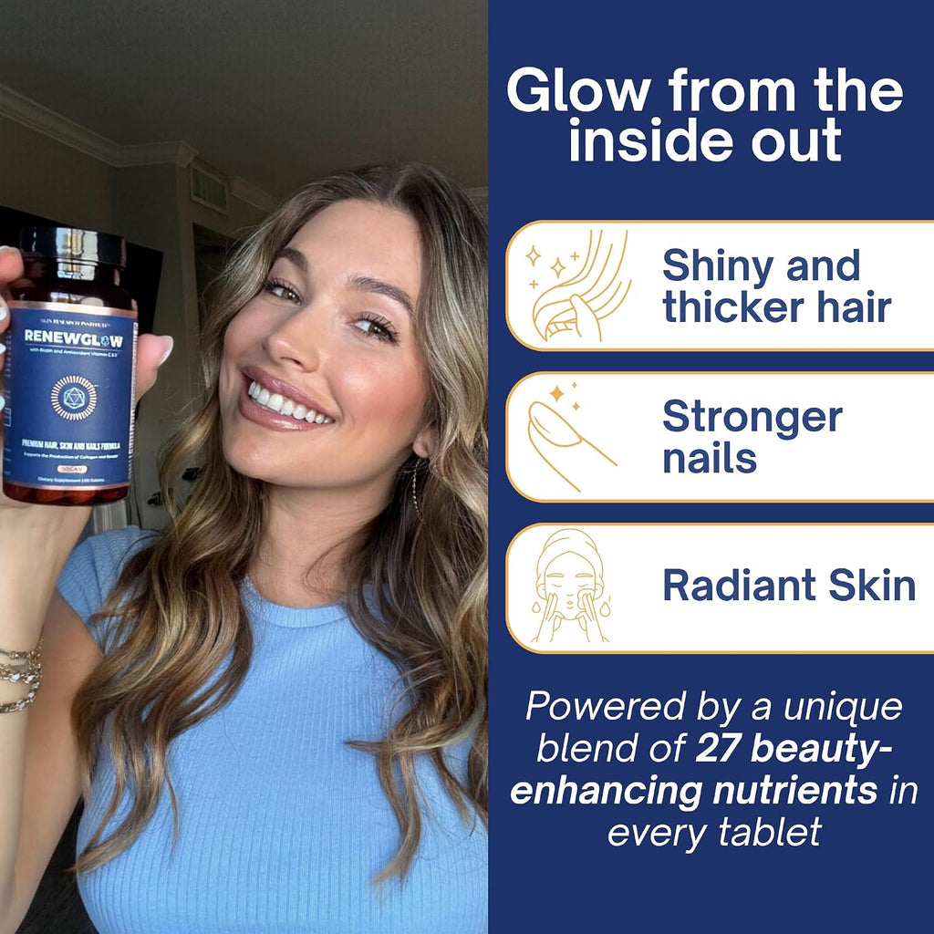 Skin Research Institute Renewglow Biotina Suplemento Vegano - Cabello, Piel y Uñas Saludables (Pack de 3)