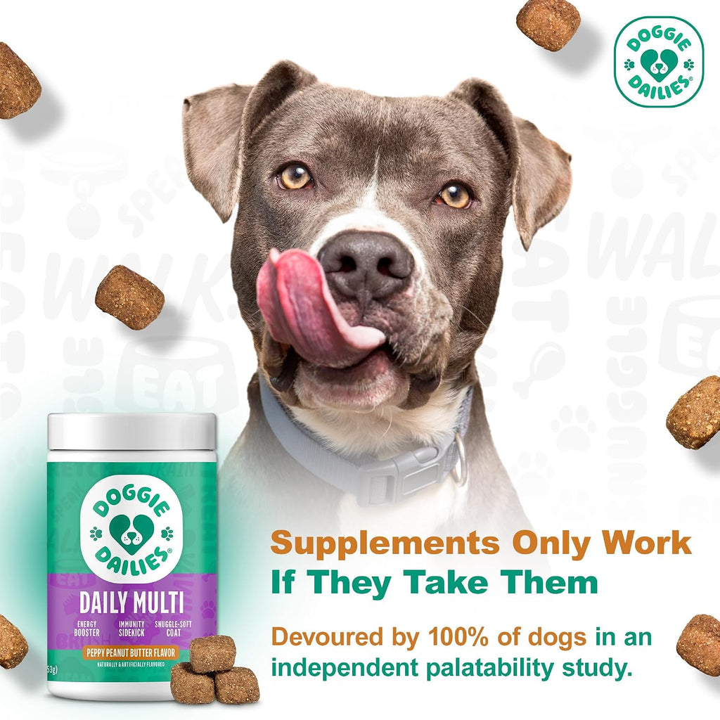 Doggie Dailies 5 en 1 Multivitamínico para Perros, 225 Golosinas Blandas Sabor Mantequilla de Maní