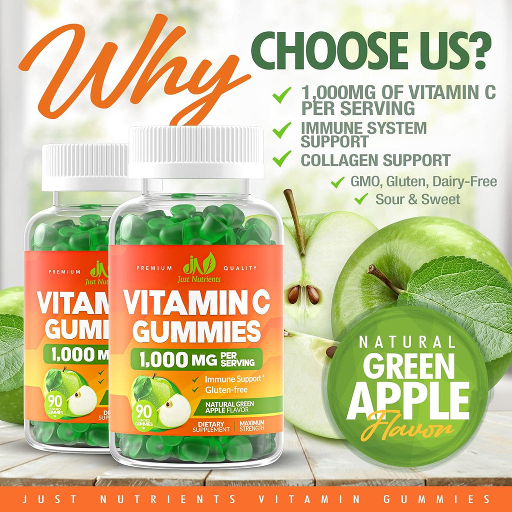 Vitamin C 1000mg Gummies (90 Count) - Maximum Strength Chewable Immune Support & Collagen Support for Adults & Kids - Natural Green Apple Flavor - Gluten Free, Non-GMO, Vegetarian - 90 Gummies