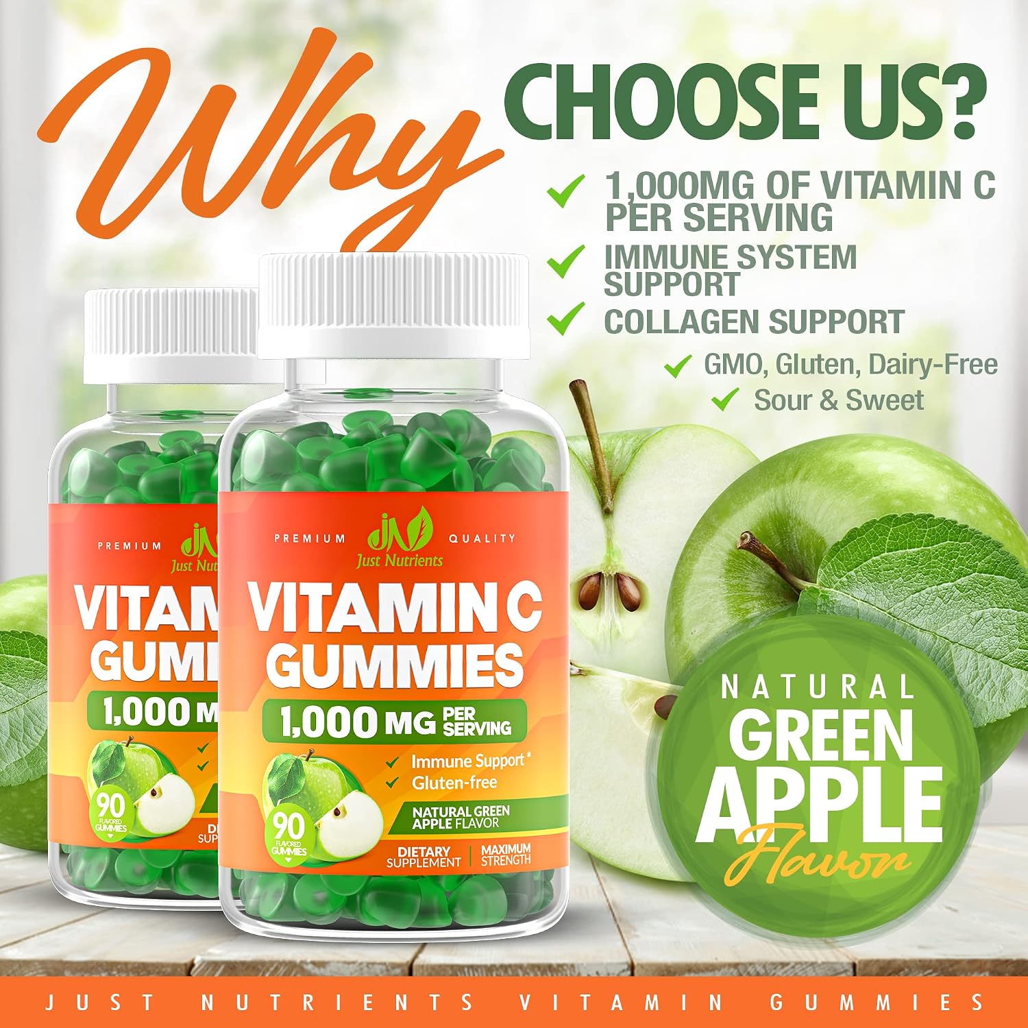 Vitamin C 1000mg Gummies (90 Count) - Maximum Strength Chewable Immune Support & Collagen Support for Adults & Kids - Natural Green Apple Flavor - Gluten Free, Non-GMO, Vegetarian - 90 Gummies