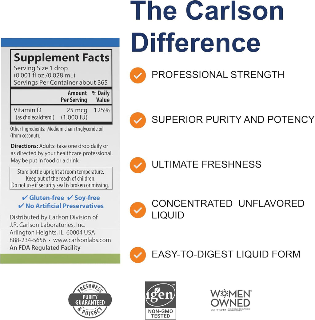 Carlson Super Daily D3 - Vitamin D3 Drops, 1000 IU per Drop, 365 Drops, Unflavored