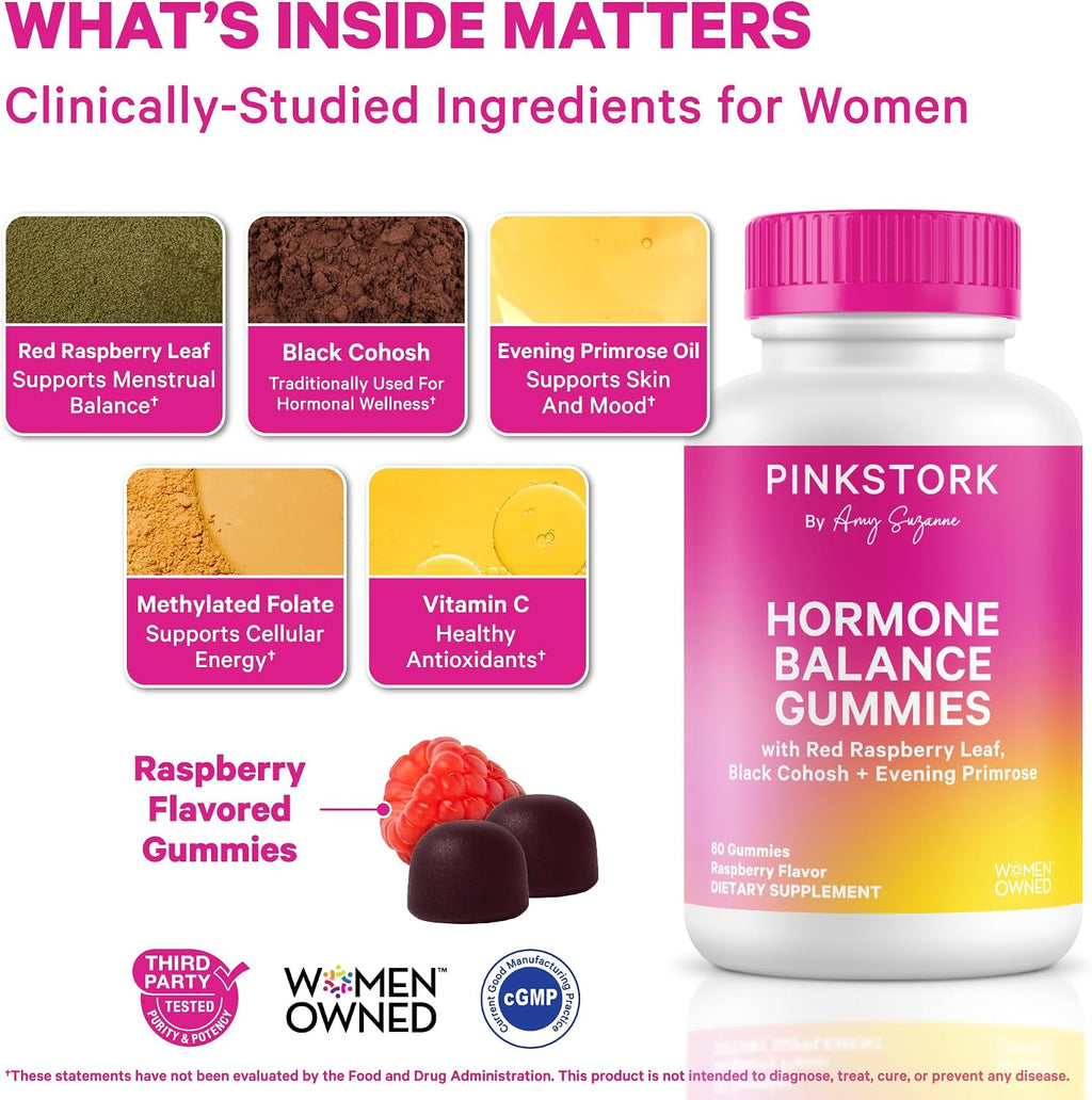 Pink Stork Gominolas de Equilibrio Hormonal para Mujeres – Apoyo para PMS, Menopausia y Premenopausia – 60 Gominolas Veganas