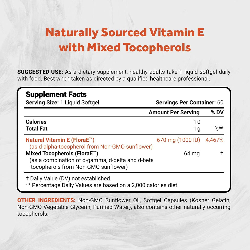 Naturalis Vitamina E de Girasol 670mg (1000 UI) con Tocoferoles Mixtos, 60 Cápsulas