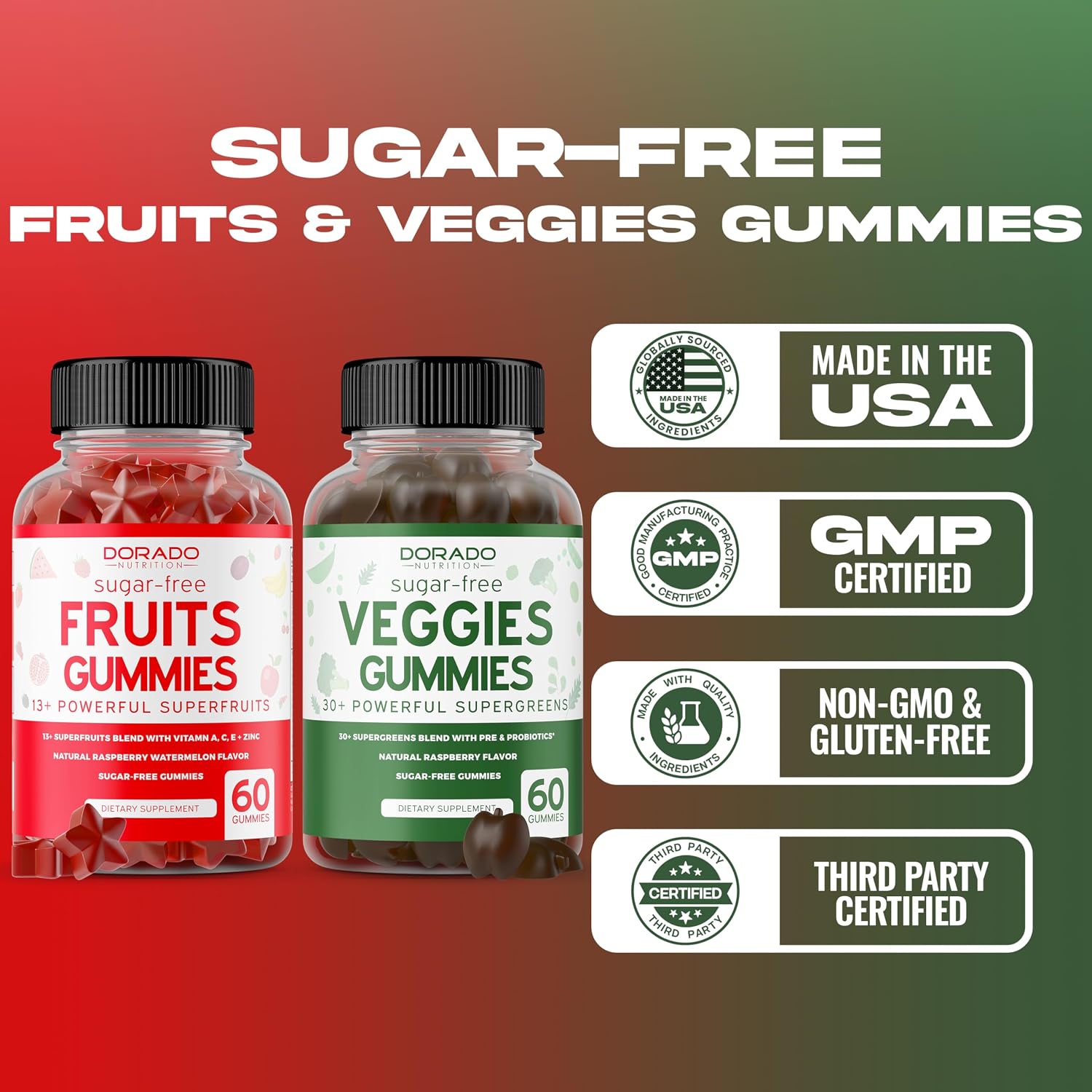 Fruit and Veggies Supplement (120 Gominolas) - Gominolas de Frutas y Verduras sin Azúcar para Adultos - Apoyo Inmunológico - No OGM, Vegano