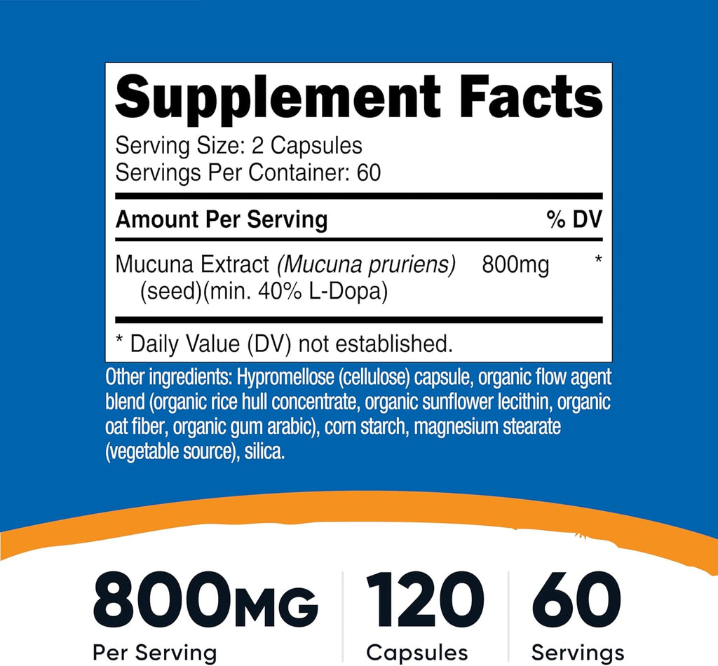 Nutricost Mucuna Pruriens 400mg, 120 Cápsulas - 800mg por Dosis, Cápsulas Vegetales