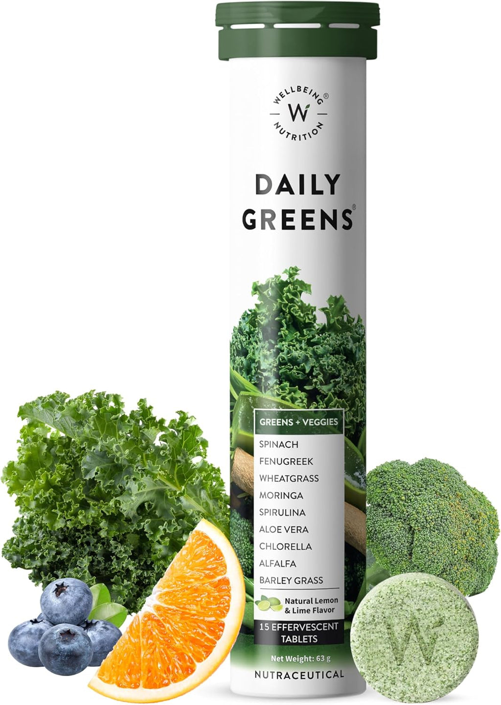 WELLBEING NUTRITION Daily Greens | Sabor Natural a Limón y Lima | 15 Comprimidos (63g)