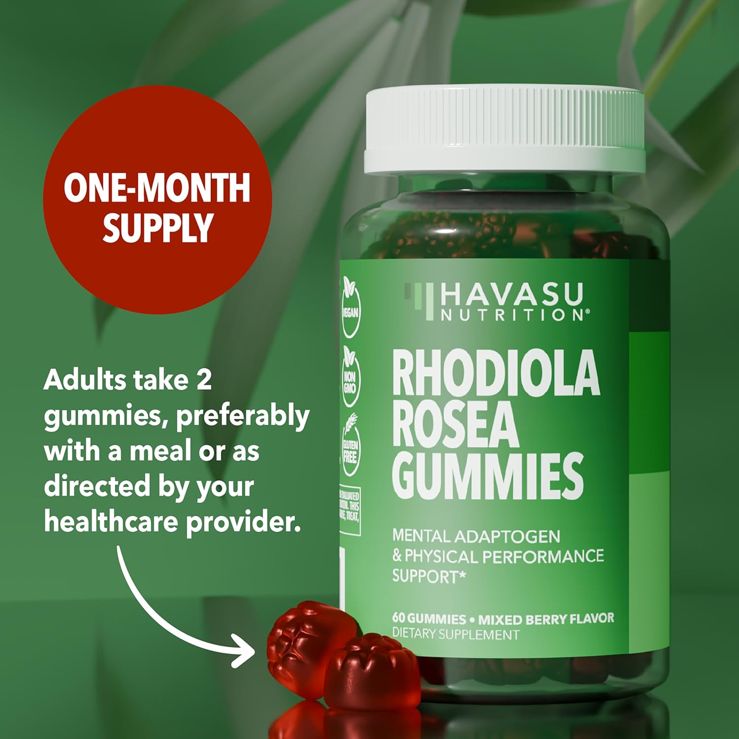 Rhodiola Rosea Gummies – Gomitas Adaptógenas Sin Azúcar, 60 uds – Sabor a Bayas Mixtas