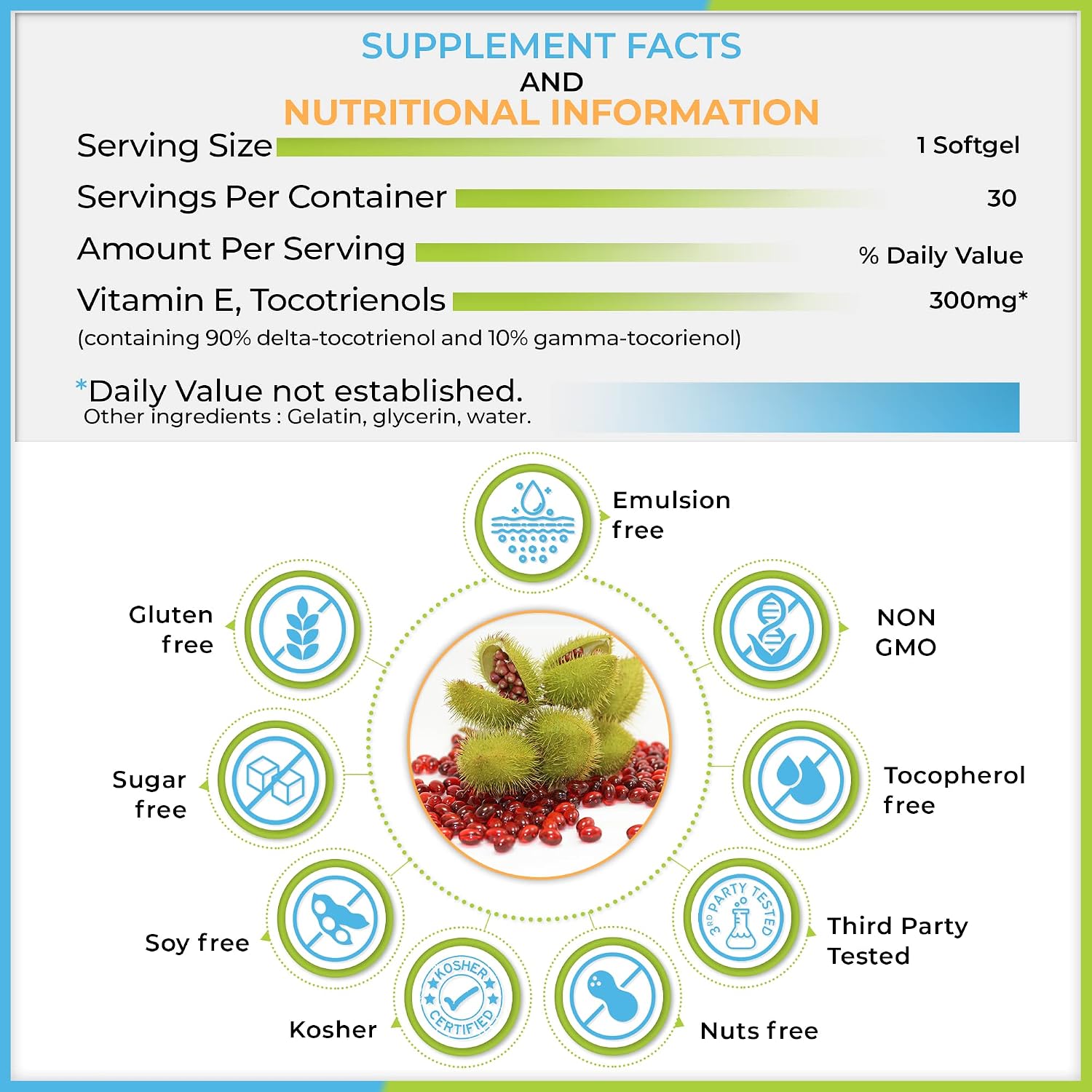 WELLNESS EXTRACT Eannatto Tocotrienols Vitamina E Sin Tocoferoles, Non-GMO, Sin Gluten, Antioxidante (300 mg, 30 cápsulas blandas)