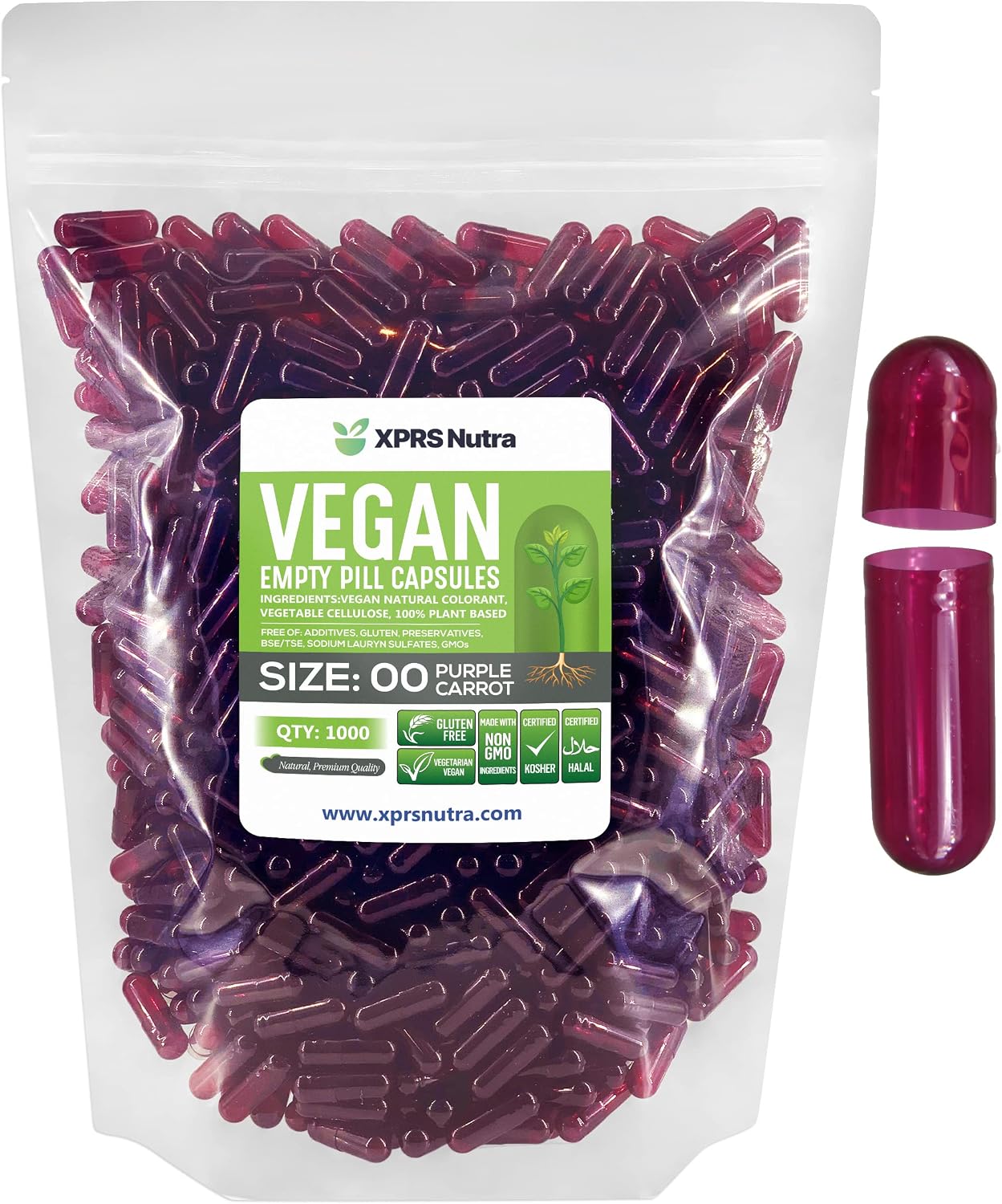 XPRS Nutra Cápsulas Vacías Tamaño 00 - 1000 Unidades - Cápsulas Veganas - Cápsulas Vegetarianas para Rellenar - Píldoras Vegetales (Zanahoria Morada)