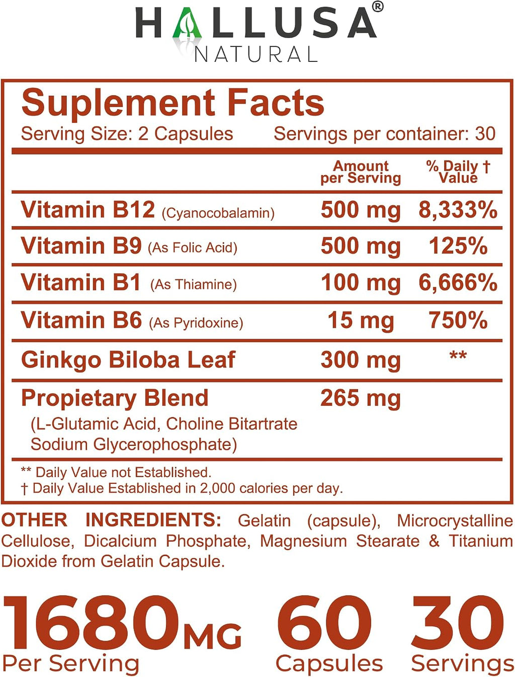 Hallusa Natural Brain Health Supplement - Memoria y Concentración con Ginkgo Biloba, Colina y Complejo B - 60 Cápsulas
