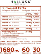Hallusa Natural Brain Health Supplement - Memoria y Concentración con Ginkgo Biloba, Colina y Complejo B - 60 Cápsulas