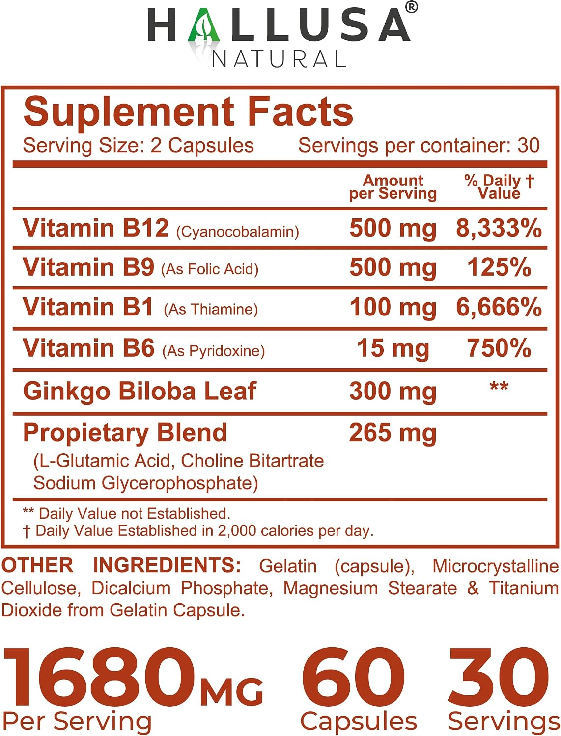 Hallusa Natural Brain Health Supplement - Memoria y Concentración con Ginkgo Biloba, Colina y Complejo B - 60 Cápsulas