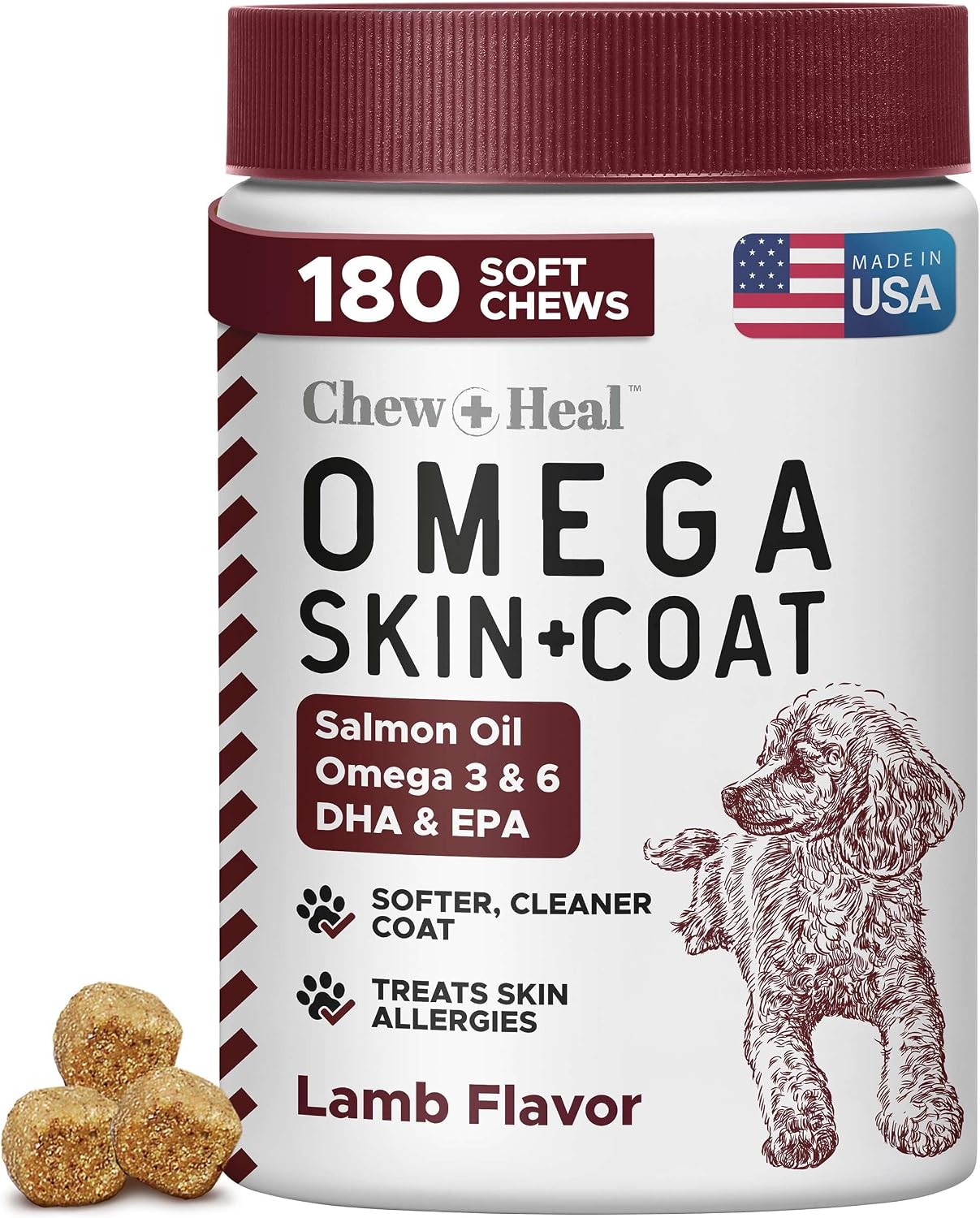 Omega 3 Fish Oil for Dogs - 180 Masticables Blandas para Alivio del Picor y Piel - Aceite de Salmón con EPA y DHA