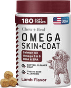 Omega 3 Aceite de Pescado para Perros - 360 Masticables Blandos Omega para Piel y Pelaje - Mezcla de Aceite de Salmón con Ácidos Grasos Esenciales, Vitaminas, Antioxidantes, Minerales (2 Paquetes de 180, Sabor Pollo)