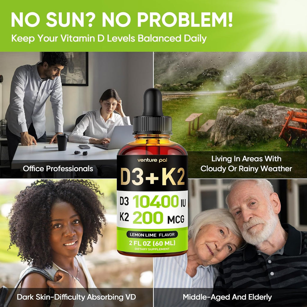 5-in-1 Vitamin D3 K2 Drops - Vitamina D3 10000 UI y K2 (MK-7) 200 mcg con Magnesio, Zinc y MCT Oil - 60 ml, 60 Días