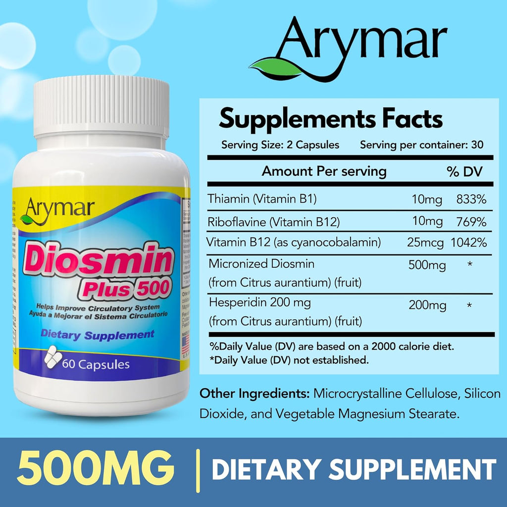 Arymar Diosmin 500mg con Complejo B - Fórmula Circulatoria para la Integridad de las Venas y el Flujo Sanguíneo Normal, 60 Cápsulas