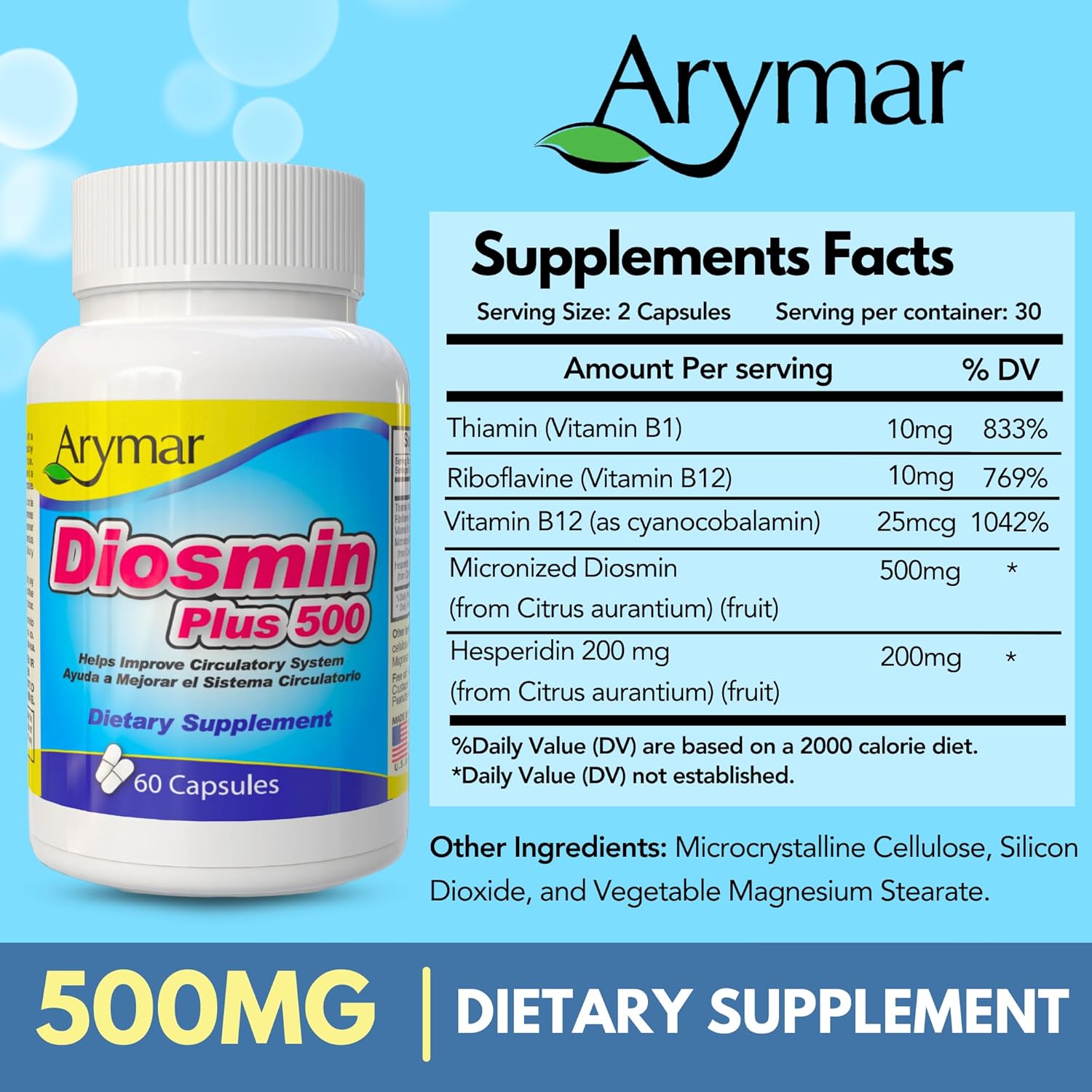 Arymar Diosmin 500mg con Complejo B - Fórmula Circulatoria para la Integridad de las Venas y el Flujo Sanguíneo Normal, 60 Cápsulas