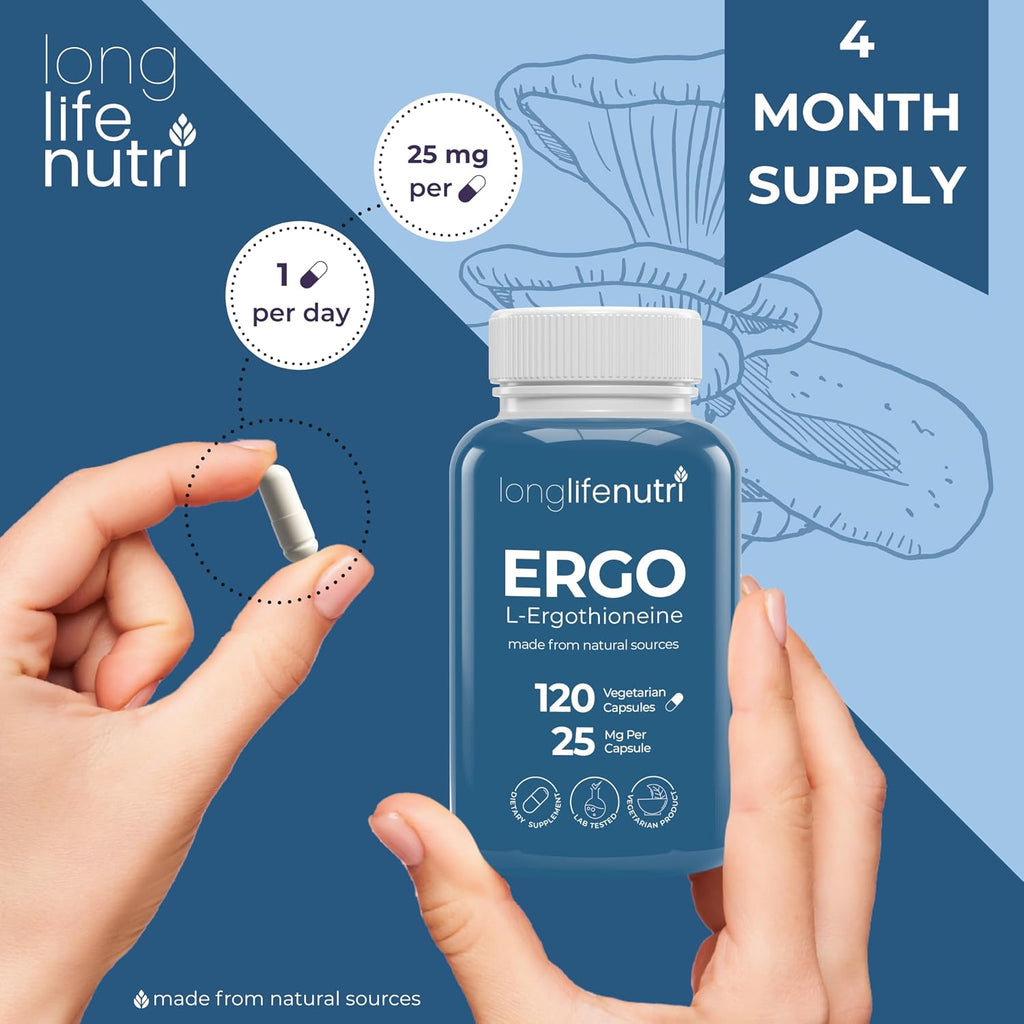 L-Ergothioneine 25mg - 120 Cápsulas Vegetarianas, Suministro para 4 Meses, Suplemento Antioxidante