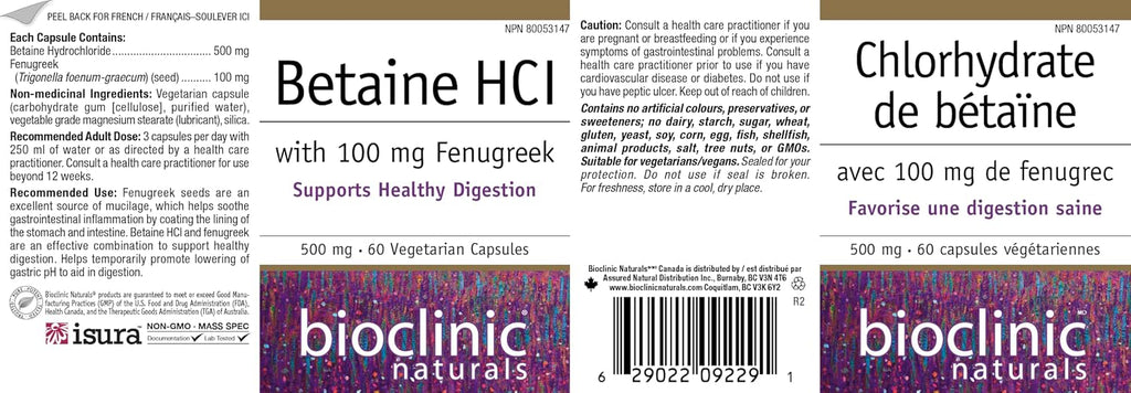 Bioclinic Naturals Betaine HCL con Fenogreco 60 Cápsulas Vegetales