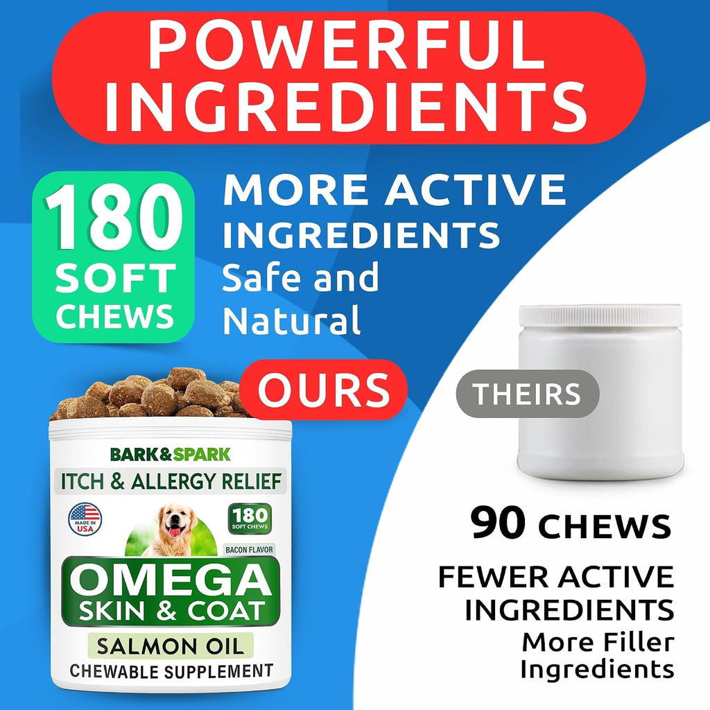 Omega 3 para Perros y Gatos - 180 Golosinas de Aceite de Salmón con EPA y DHA - Complemento para Piel, Pelaje y Articulaciones - Sabor Bacon