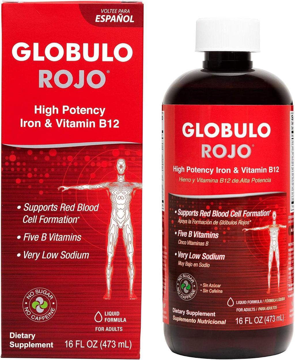 Globulo Rojo Suplemento de Hierro Líquido - Alta Potencia con Vitaminas B - Vegano - 473 ml