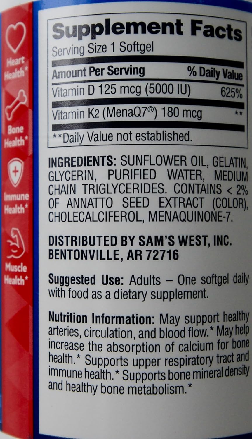 Member's Mark Vitamina K2 180 mcg + D3 125 mcg, 150 Cápsulas Blandas