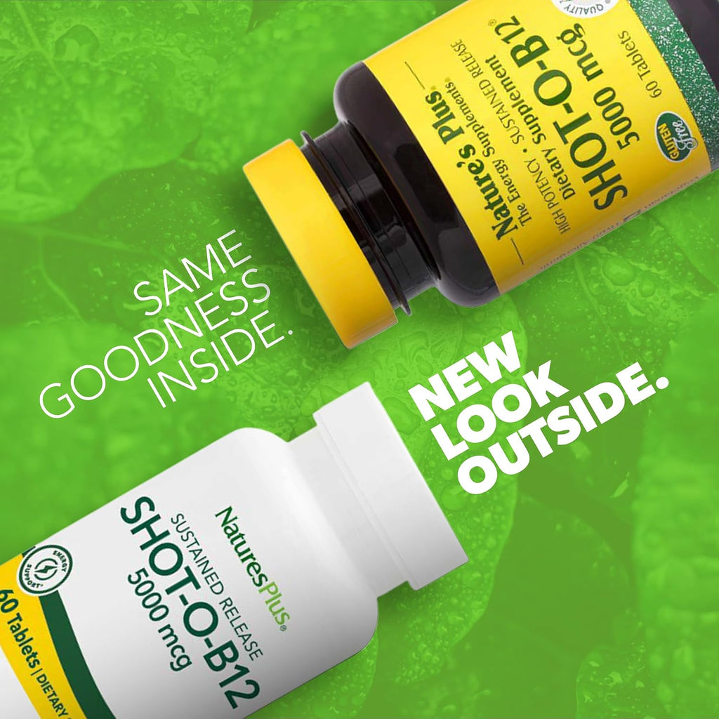 NaturesPlus Shot-O-B12 5000 mcg - 60 Comprimidos de Liberación Sostenida (Paquete de 2) - Apoya la Producción de Energía y el Estado de Ánimo - Vegetariano, Sin Gluten - 120 Raciones