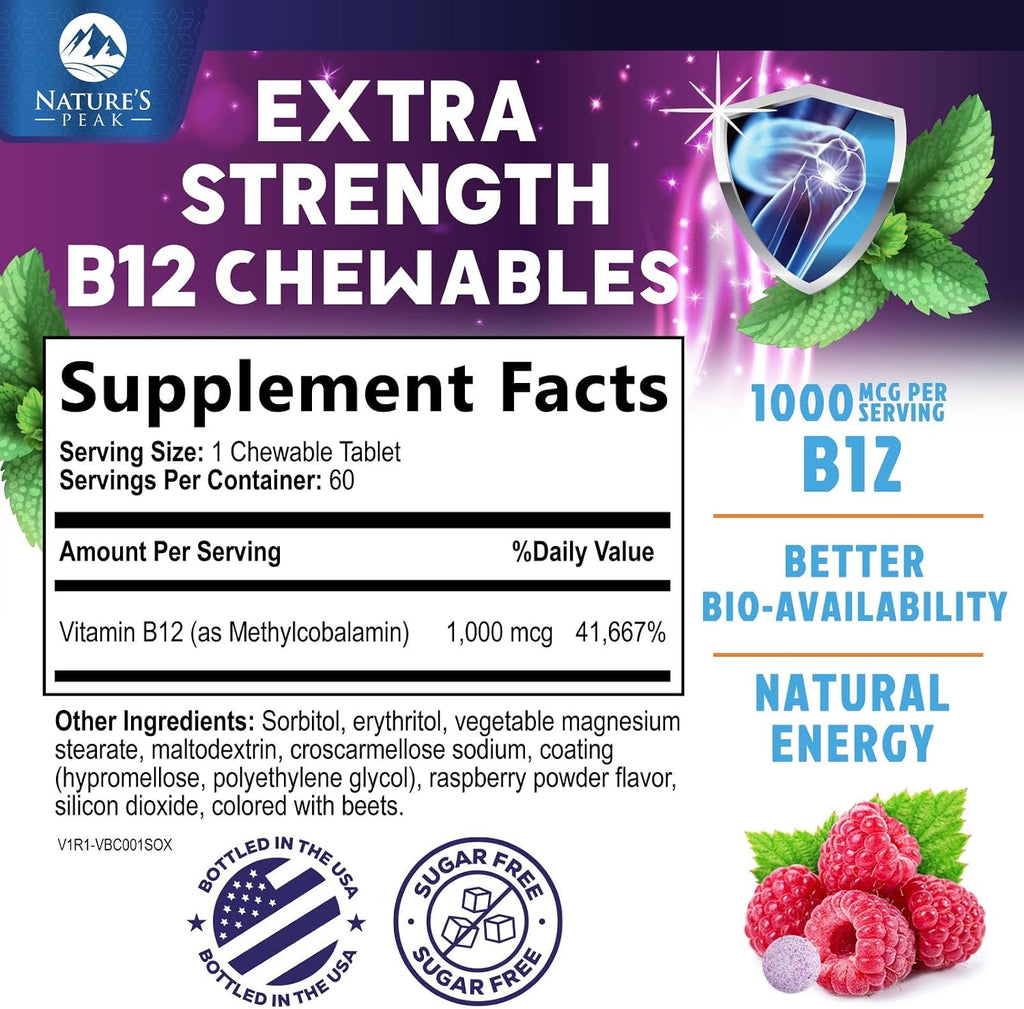 Vitamina B12 Metilcobalamina 1000 mcg - 60 Comprimidos Masticables Sabor Bayas
