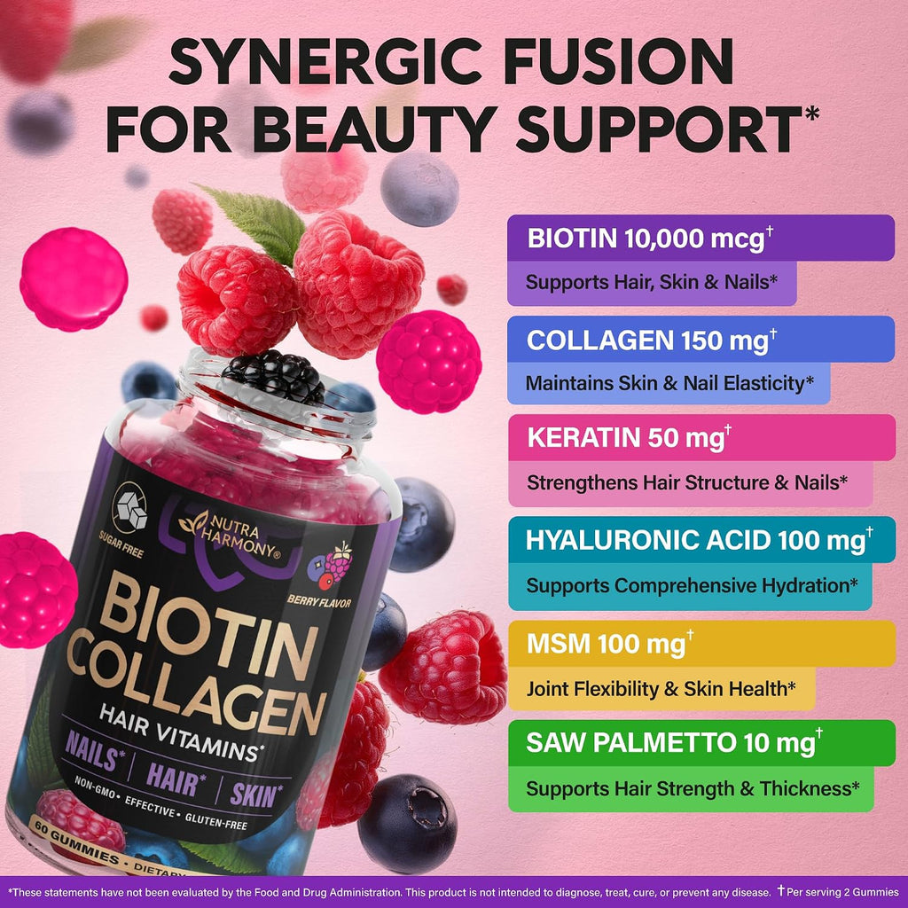 Gominolas de Biotina y Colágeno - Apoyo para Cabello, Piel y Uñas - 10000mcg - Sin Azúcar - Pack de 2