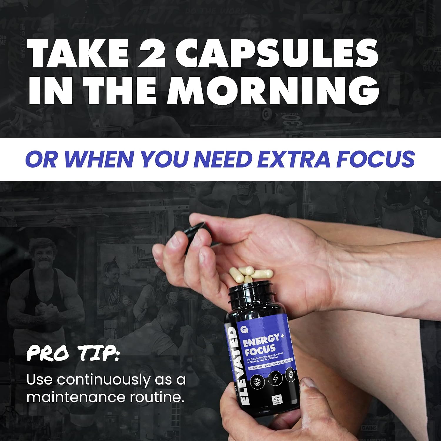 Gains in Bulk Elevated Nootropic Herbal Energy Suplemento Energético y de Enfoque, 60 Cápsulas