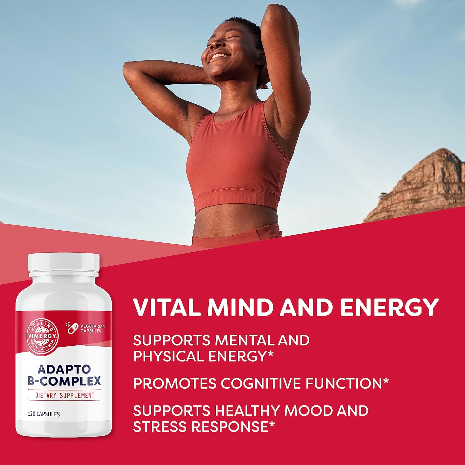 Vimergy Adapto B Complex – Complejo B con 8 Vitaminas B Activas, Rodiola y Espino Blanco – 120 Cápsulas