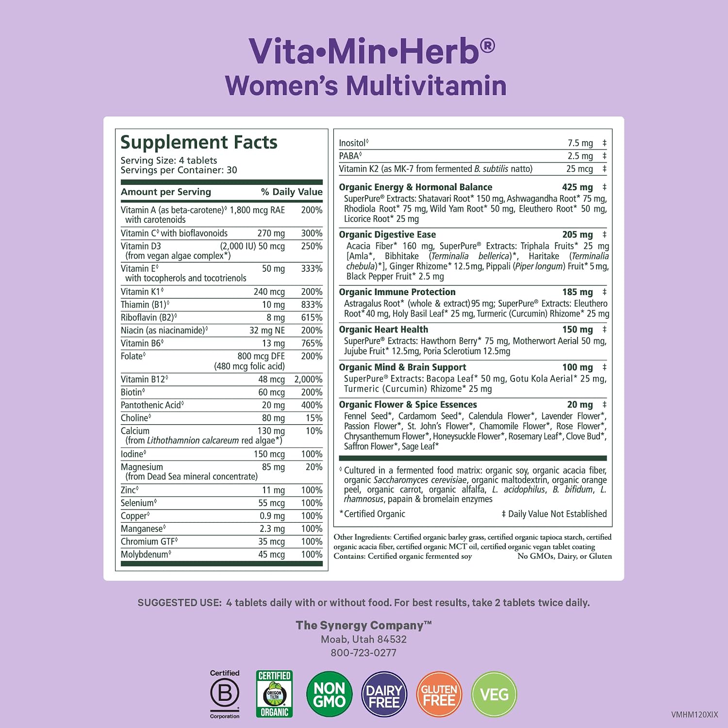 PURE SYNERGY Vita·Min·Herb para Mujeres - Multivitamínico completo para mujeres (120 comprimidos)