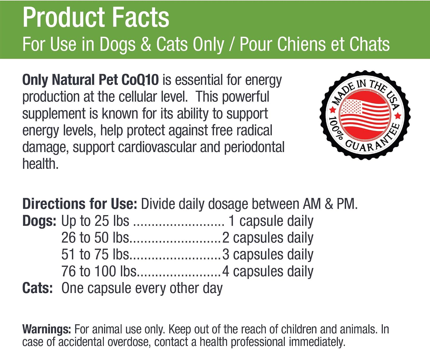 Only Natural Pet Cápsulas de CoQ10 para Perros y Gatos – Suplemento de Coenzima Q10 Ubiquinona – Ayuda a Mantener la Vitalidad, Energía y Bienestar General – 90 Cápsulas