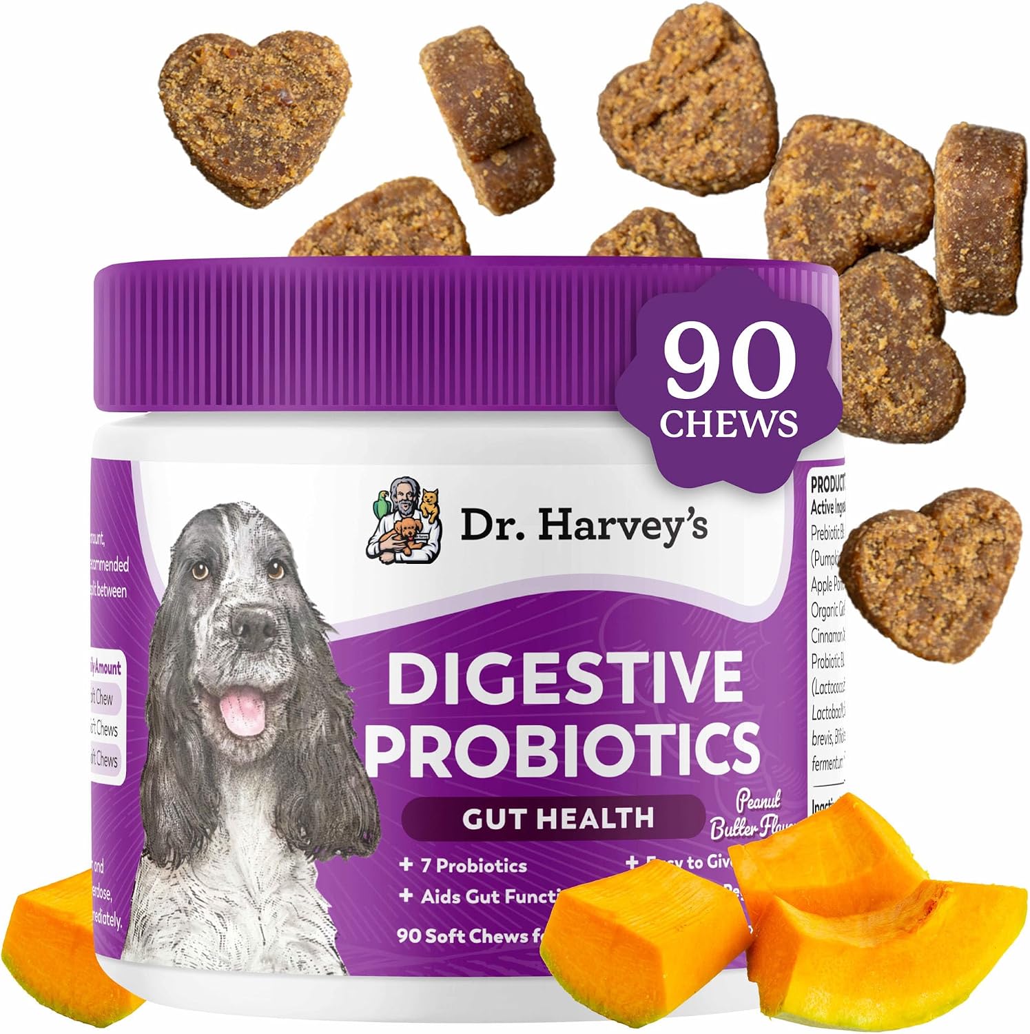 Dr. Harvey's Masticables Probióticos Digestivos para Perros, 9 Probióticos, Sabor a Mantequilla de Cacahuete (90 Masticables)