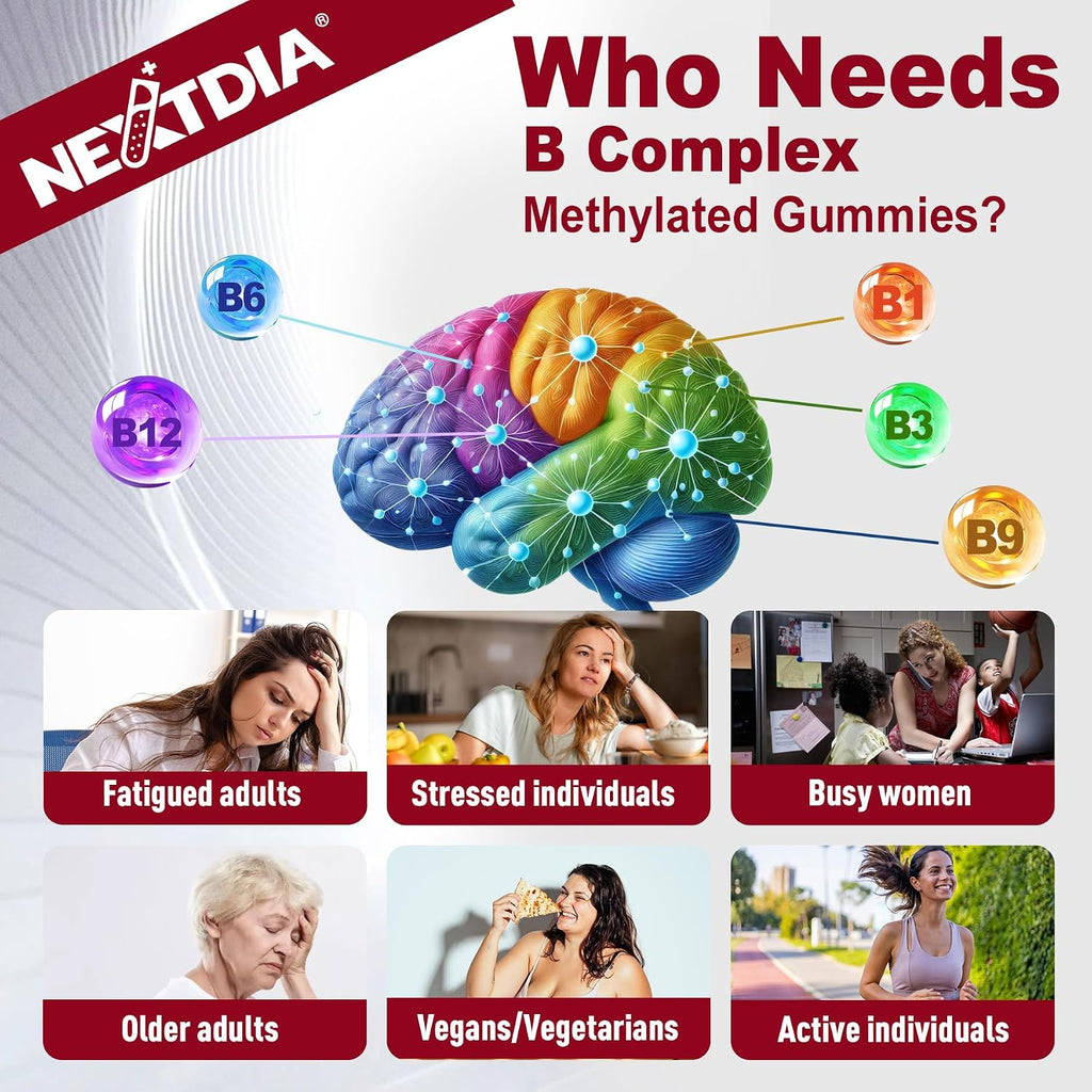 Nextdia Brain & Mood Support Gummies, Complejo B Super para Hombres y Mujeres, Todas las Vitaminas B1 B2 B3 B5 B6 B7 Folato MetilB12 con PABA, Inositol, Colina, Apoya el Gen MTHFR y la Energía, Vegano, 120 unidades