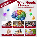 Nextdia Brain & Mood Support Gummies, Complejo B Super para Hombres y Mujeres, Todas las Vitaminas B1 B2 B3 B5 B6 B7 Folato MetilB12 con PABA, Inositol, Colina, Apoya el Gen MTHFR y la Energía, Vegano, 120 unidades