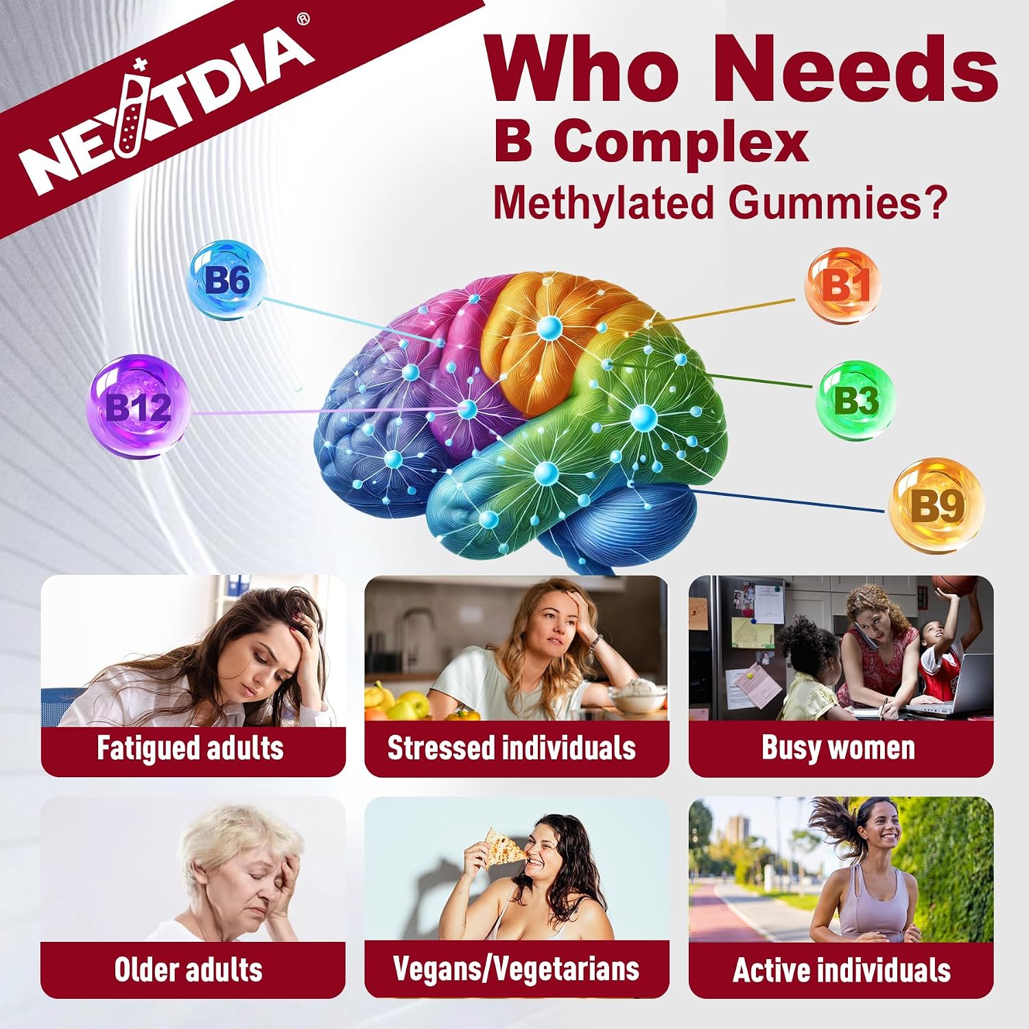 Nextdia Brain & Mood Support Gummies, Complejo B Super para Hombres y Mujeres, Todas las Vitaminas B1 B2 B3 B5 B6 B7 Folato MetilB12 con PABA, Inositol, Colina, Apoya el Gen MTHFR y la Energía, Vegano, 120 unidades