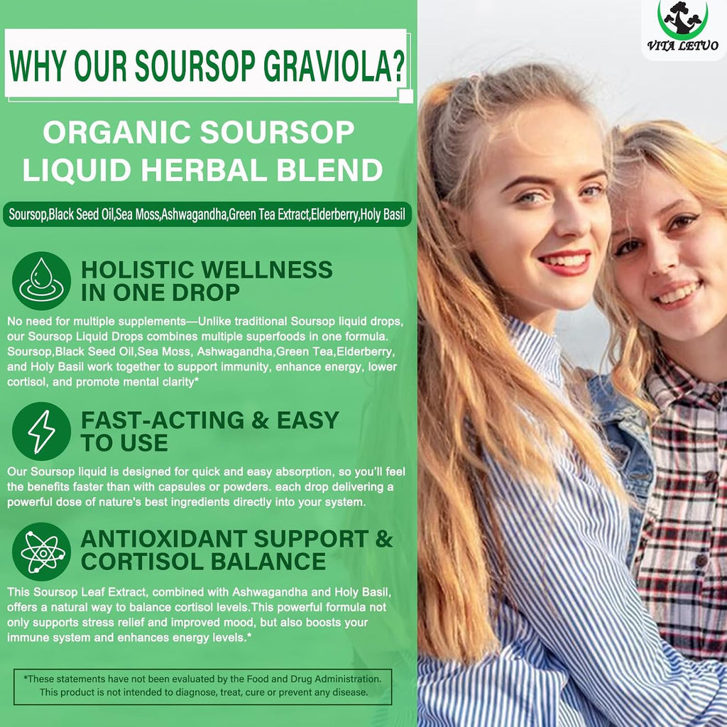 Vita letuo Soursop Drops - Suplemento Líquido Multivitamínico y Mineral con Soursop, Sea Moss, Black Seed Oil, Ashwagandha y Más (30 Dosis)