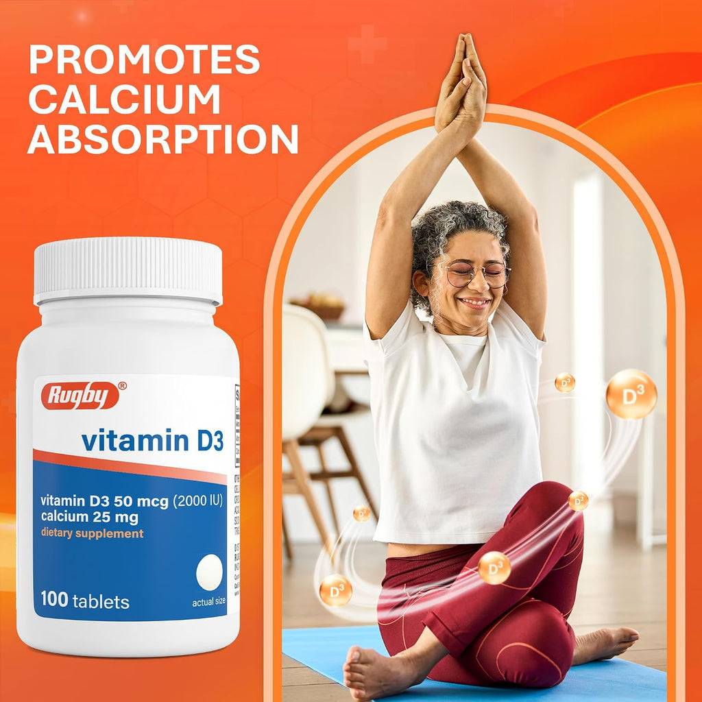 Rugby Vitamina D3 2000 IU (50 mcg) - Suplemento diario de vitamina D3 sin gluten para huesos, dientes e inmunidad - 100 comprimidos