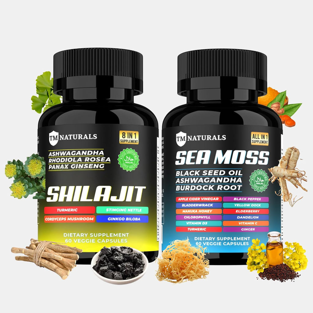 TM NATURALS Cápsulas de Sea Moss, Black Seed Oil, Ashwagandha y Jengibre - 240 cápsulas