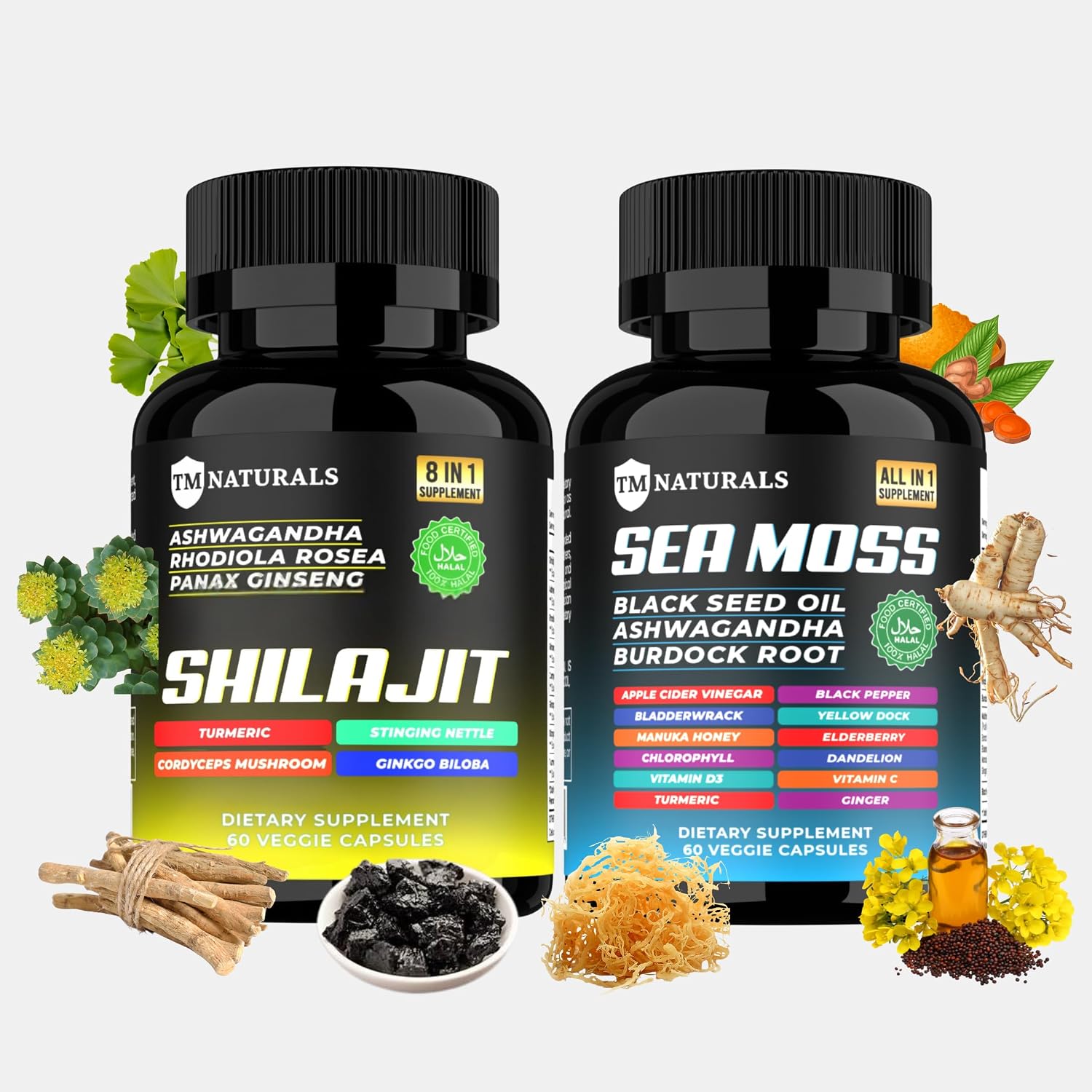 TM NATURALS Cápsulas de Sea Moss, Black Seed Oil, Ashwagandha y Jengibre - 240 cápsulas