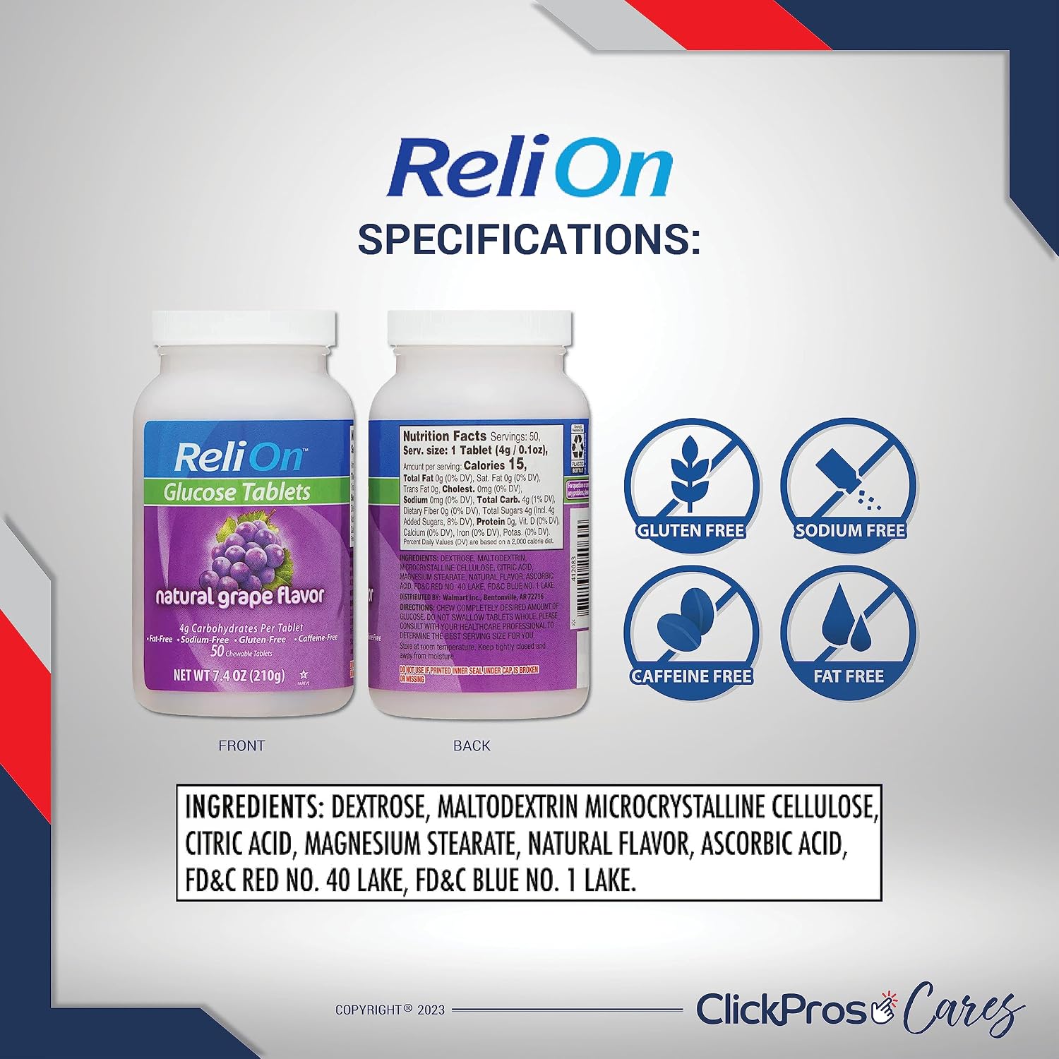 ReliOn Glucosa Comprimidos Sabor Uva - 2 Paquetes de 50 (100 Total) + Guía Diabetes y Pastillero
