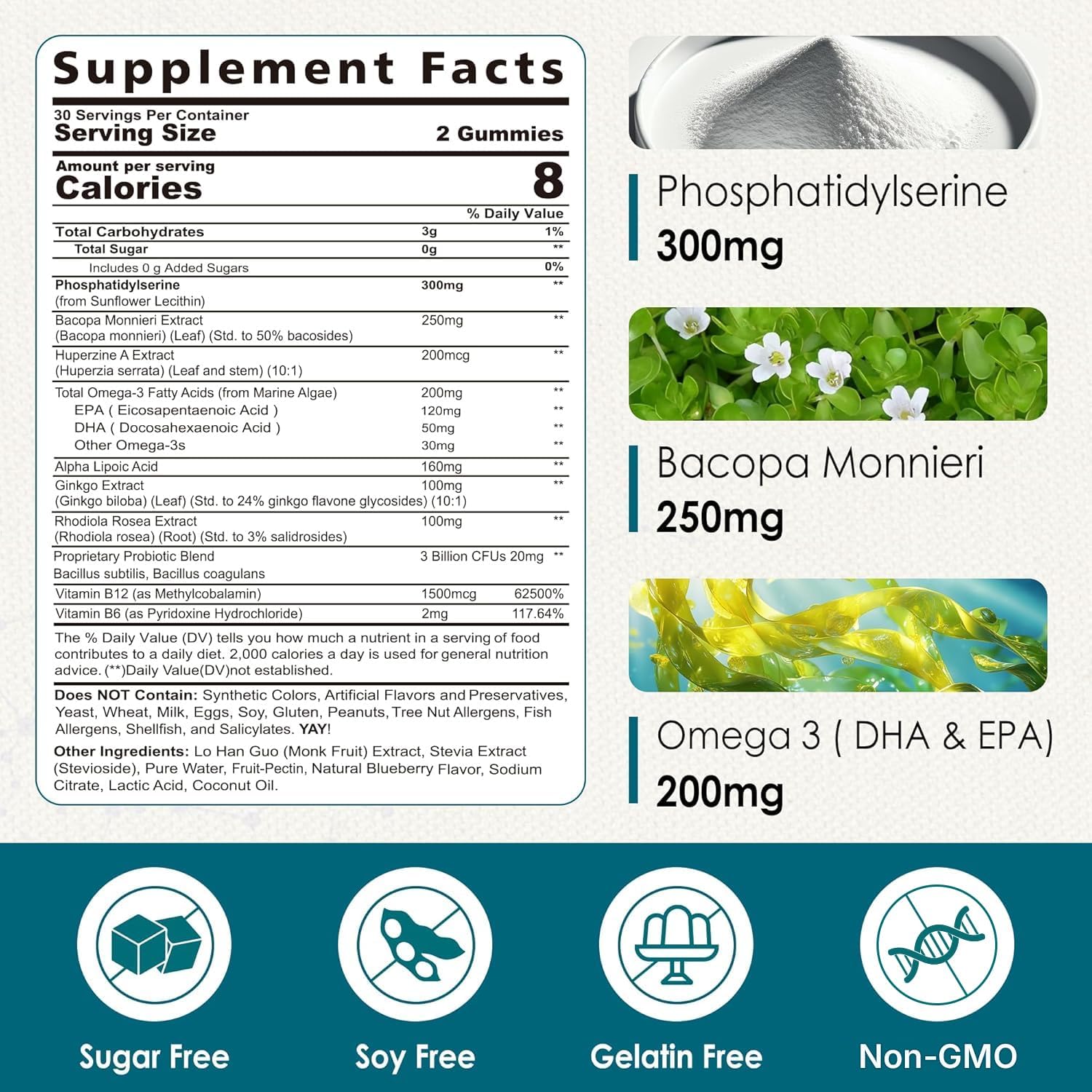 Fosfatidilserina - Gominolas Nootrópicas para Enfoque y Energía + Bacopa Monnieri, Omega 3, Huperzina A, Metil B12 y B6 para Mayores, Gamers y Trabajadores, No OGM, Sin Cafeína, Sin Azúcar, 2 Paquetes